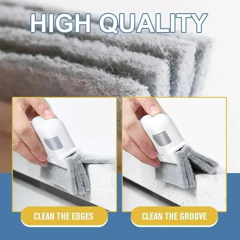 Showlu Window Groove Cleaning Brush with sponge, 2-in-1 crevice tool for cleaning windowsills, cabinets, and hard-to-reach areas.