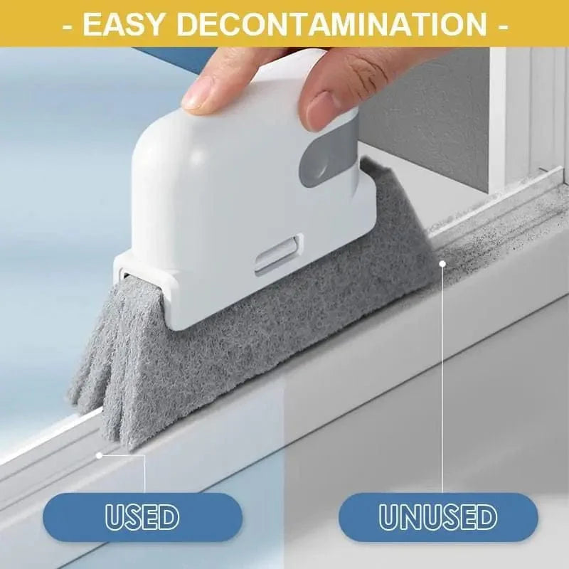 Showlu Window Groove Cleaning Brush with replaceable sponge and crevice tool for cleaning windowsills, cabinets, and hard-to-reach areas.
