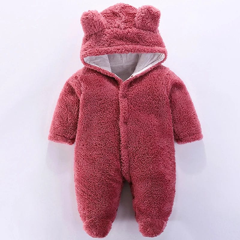 Showlu Fashion Winter Baby Hooded Romper, thick cotton infant jumpsuit with long sleeves, ear hood, and footed design for girls and boys.