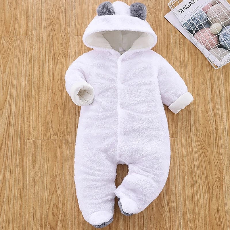 Showlu Fashion Winter Baby Hooded Romper, thick cotton infant jumpsuit with ear hood, long sleeves, and footies for boys and girls.