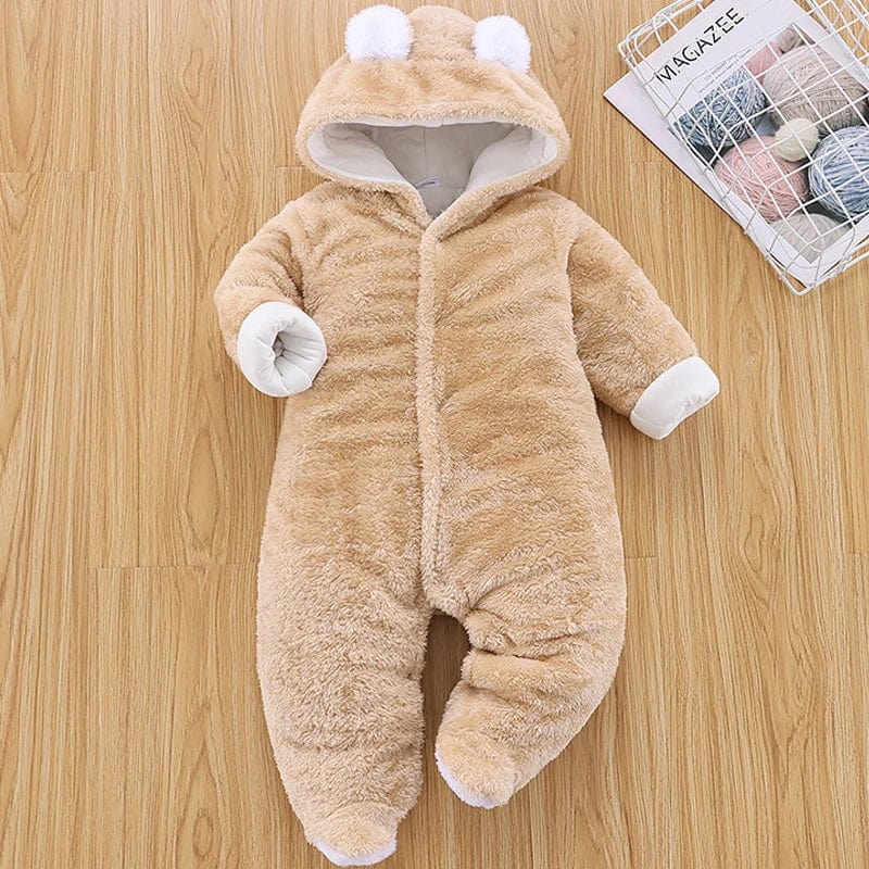 Winter baby hooded romper by Showlu Fashion with thick cotton, long sleeves, footies, and ear hood, perfect for infants.
