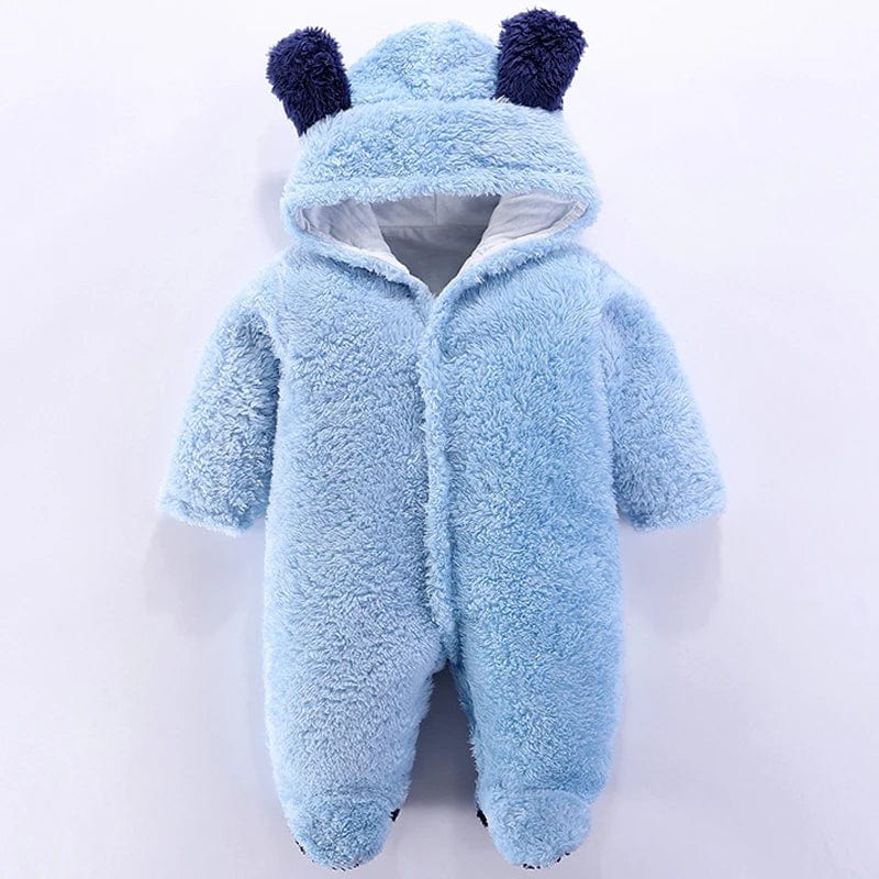 Winter baby hooded romper by Showlu Fashion Store, thick cotton infant jumpsuit with long sleeves and footies for boys and girls.