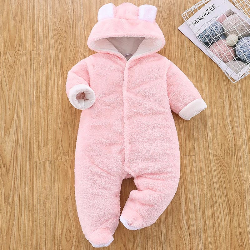 Winter baby hooded romper by Showlu Fashion, thick cotton infant jumpsuit with long sleeves, footies, and ear hood for warmth.