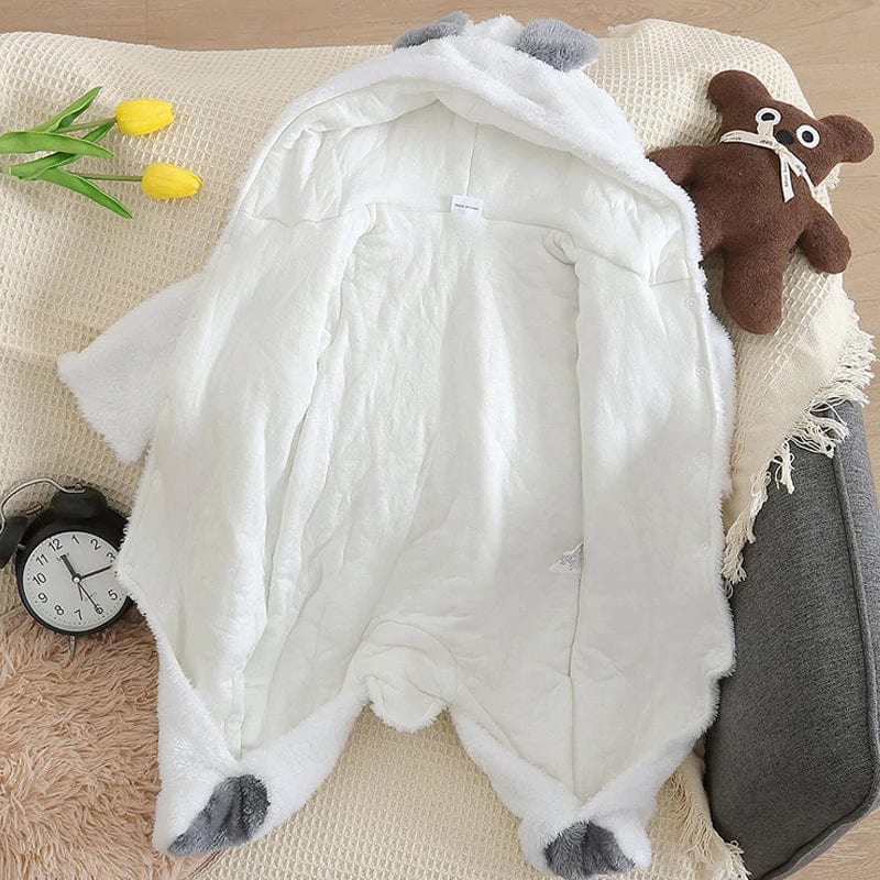 Winter baby hooded romper by Showlu Fashion, thick cotton infant jumpsuit with ear hood, long sleeves, and footed design for girls and boys.