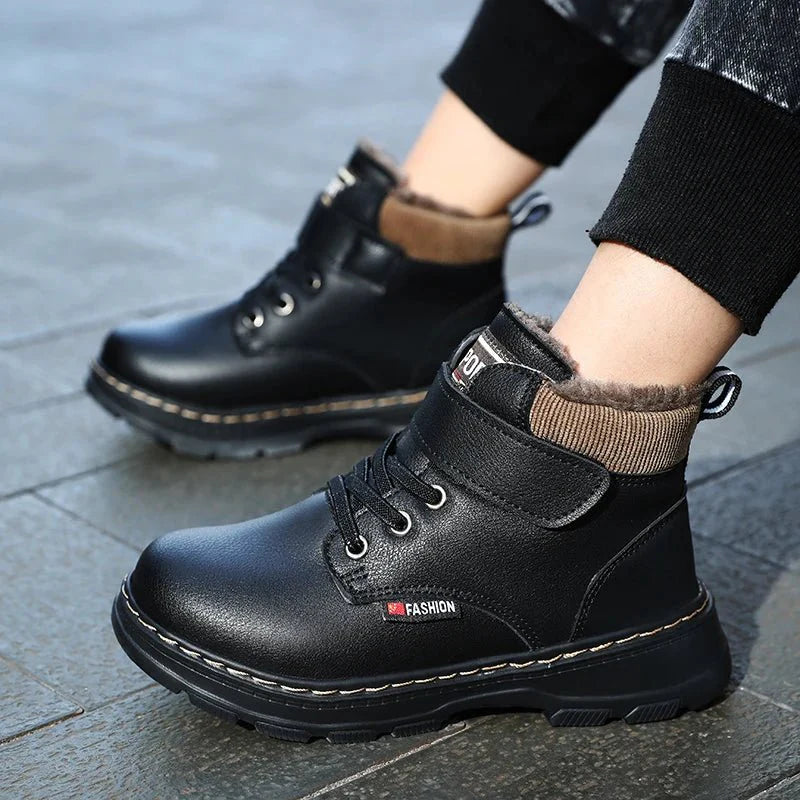 Kids leather winter ankle boots by SHOWLU FASHION STORE, featuring warm insulation, non-slip soles, and sporty design for boys.