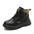 SHOWLU Kids Leather Winter Ankle Boots for boys, featuring non-slip soles and warm, soft interior for winter outdoor wear.