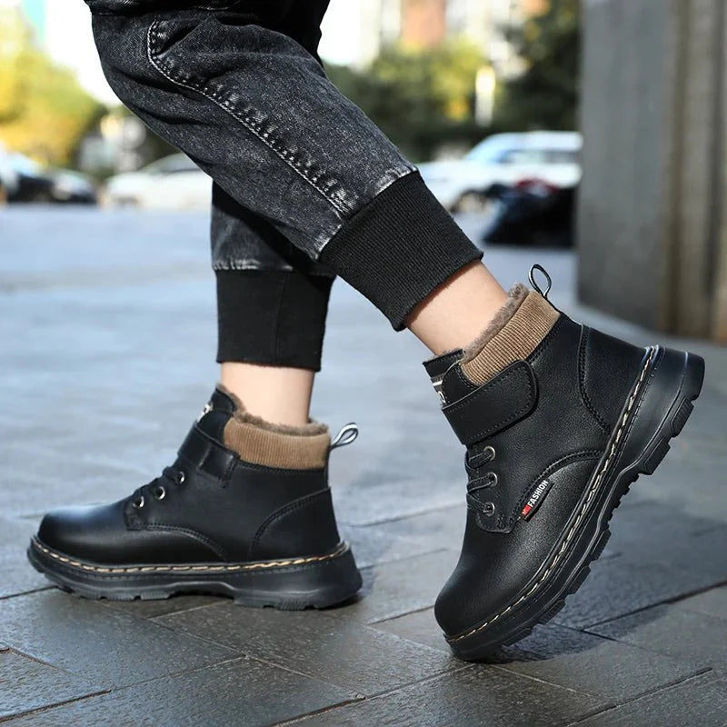Kids leather winter ankle boots by SHOWLU FASHION STORE, featuring warm lining, non-slip soles, and sporty design for boys.
