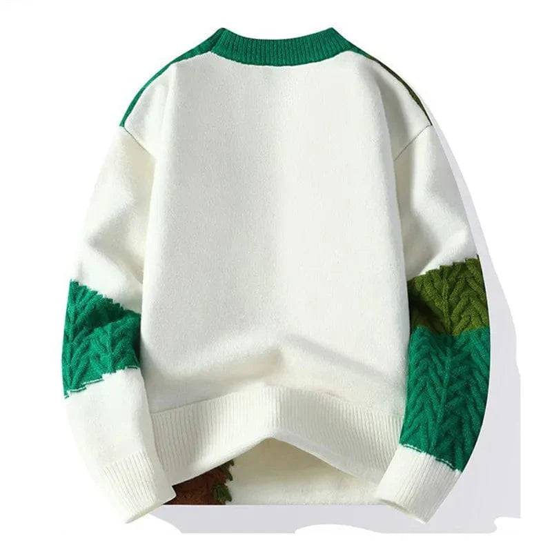 Favocent men's patchwork knit sweater featuring a loose O-neck design, warm winter Harajuku style casual pullover.