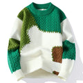 Favocent men's patchwork knit sweater with loose O-neck design, warm Harajuku-style casual pullover for winter fashion.