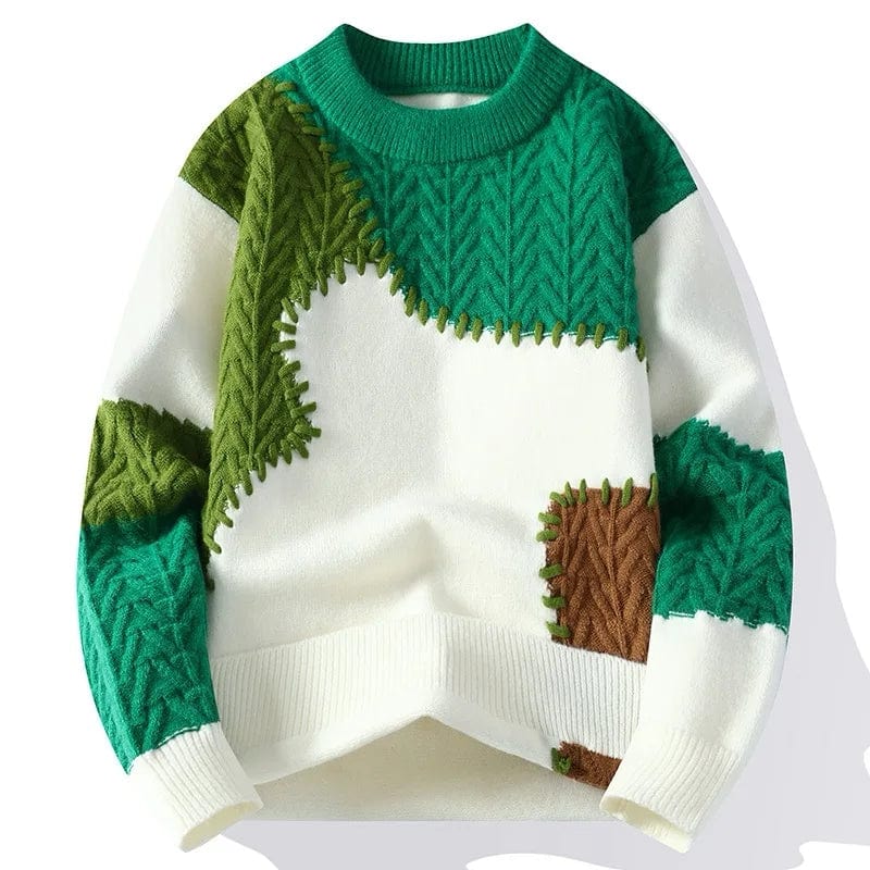 Favocent men's patchwork knit sweater with loose O-neck design, warm Harajuku-style casual pullover for winter fashion.