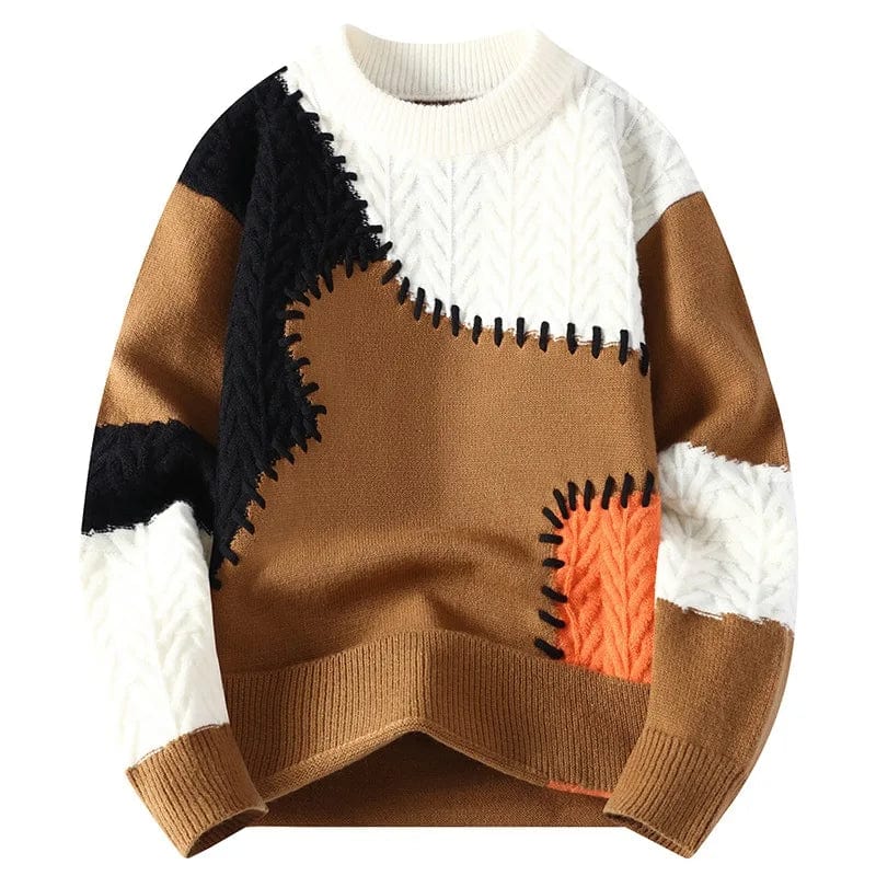 Favocent men's patchwork knit sweater with loose O-neck, warm, casual Harajuku pullover, perfect for winter streetwear fashion.