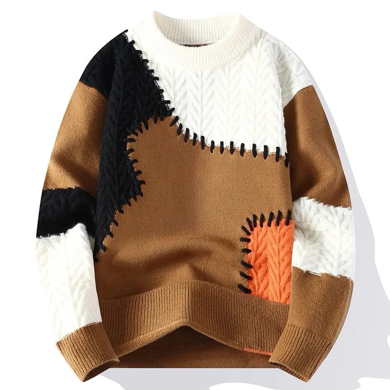 Favocent men's patchwork knit sweater with loose O-neck, warm Harajuku style casual pullover, thick and cozy winter streetwear.