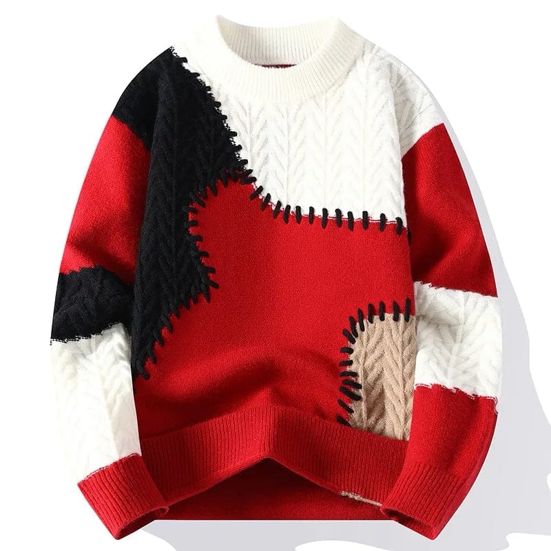 Favocent men's patchwork knit sweater with loose O-neck, warm Harajuku style casual pullover, ideal for winter streetwear fashion.