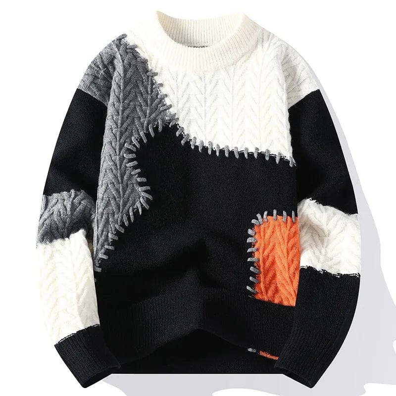 Favocent men's patchwork knit sweater with loose O-neck, warm harajuku style, casual winter pullover, thick and stylish streetwear.