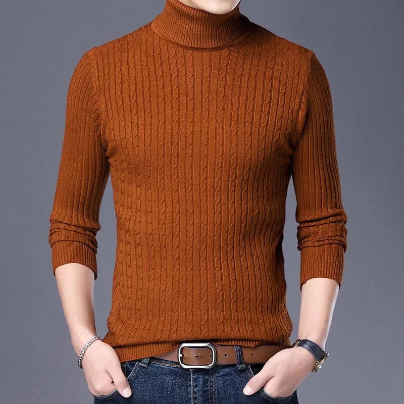 Men's slim fit turtleneck sweater by Showlu, featuring a warm knit, high neck, and double collar for winter wear.