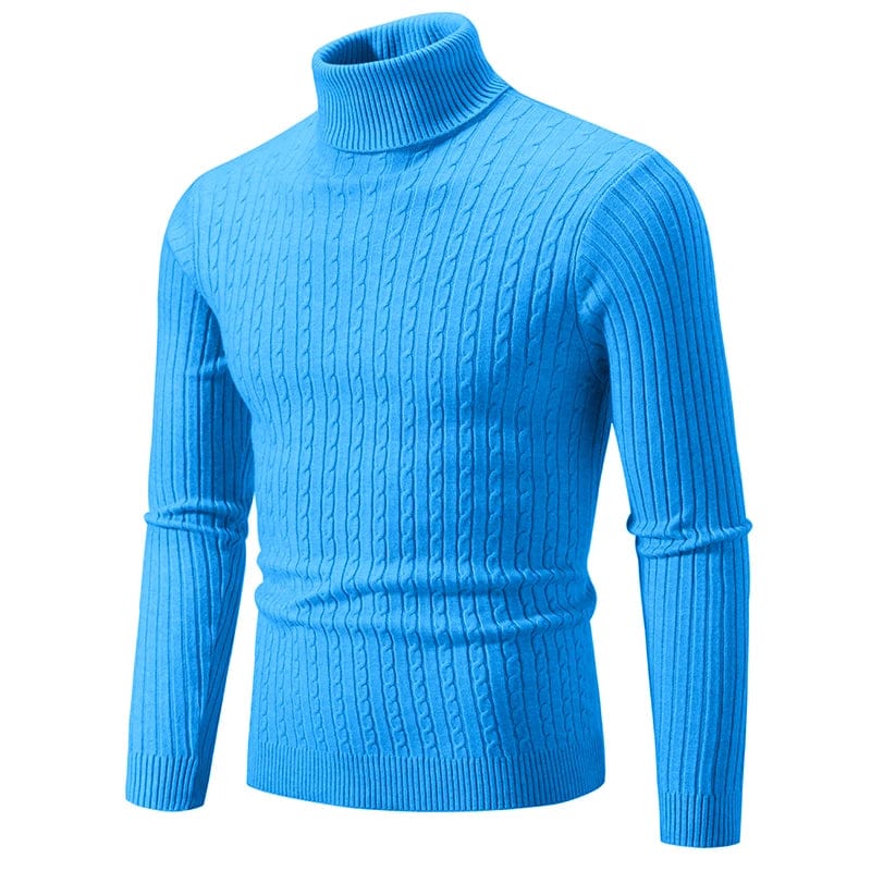 Men's slim fit turtleneck sweater by Showlu Fashion Store, warm knit pullover with high-neck and double collar detail.