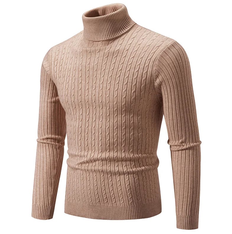 Showlu men's slim fit turtleneck sweater in warm knit, featuring a high neckline and double collar for winter comfort.