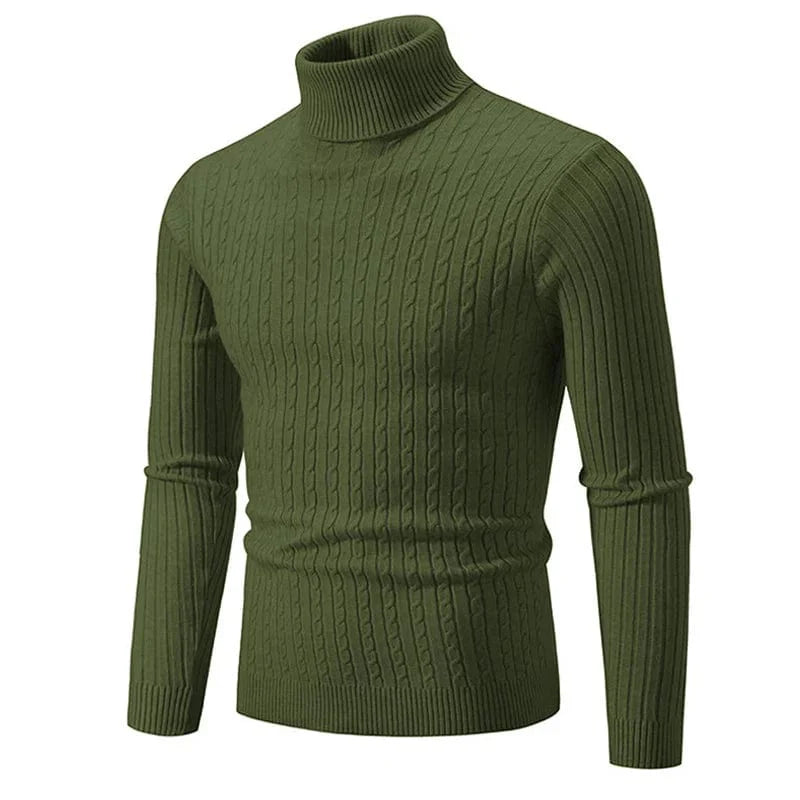 Showlu men's slim fit turtleneck sweater in warm knit, featuring a high collar and double-layer design for cozy winter wear.