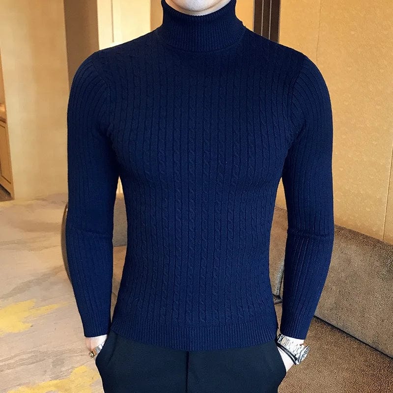 Showlu men's slim fit turtleneck sweater with double collar, warm knitwear pullover for winter, featuring a high-neck design.
