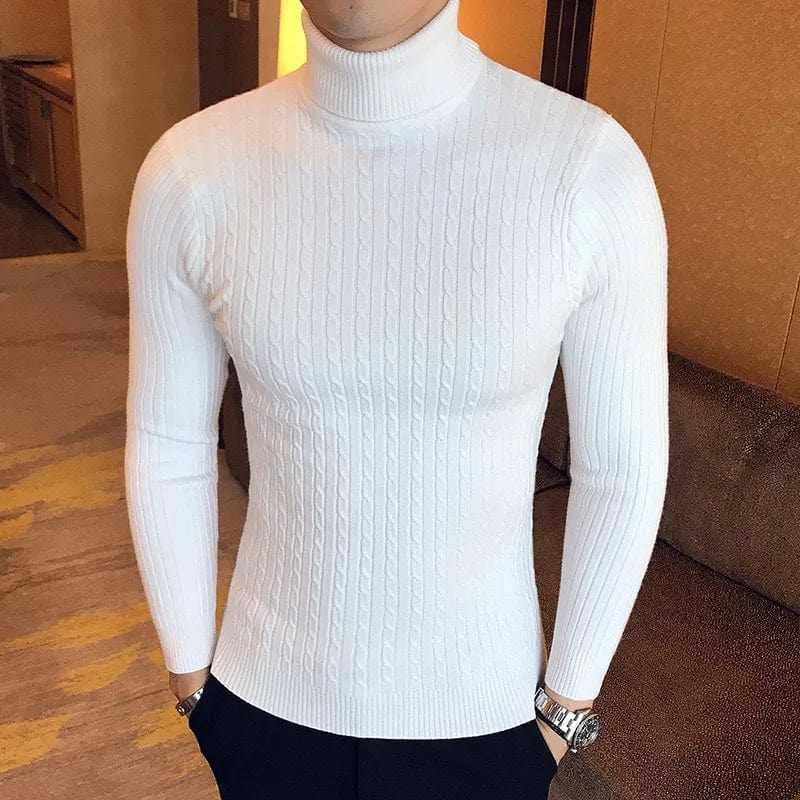 Showlu men's slim fit turtleneck sweater in warm knit, featuring a high neck and double collar for cozy winter wear.