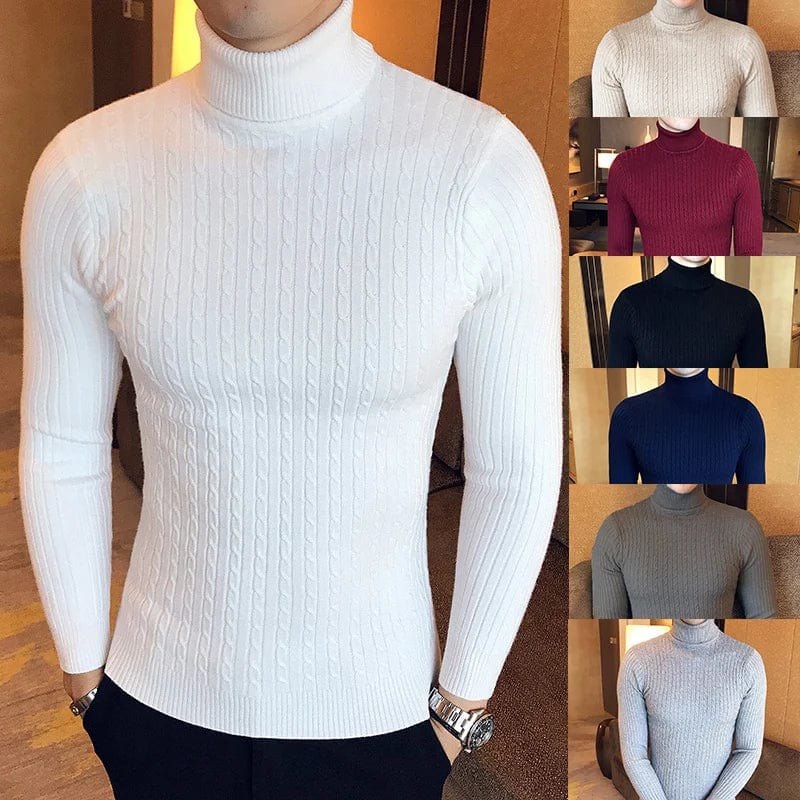 Showlu men's slim fit turtleneck sweater in warm knit with high collar, double collar design, perfect for winter wear.