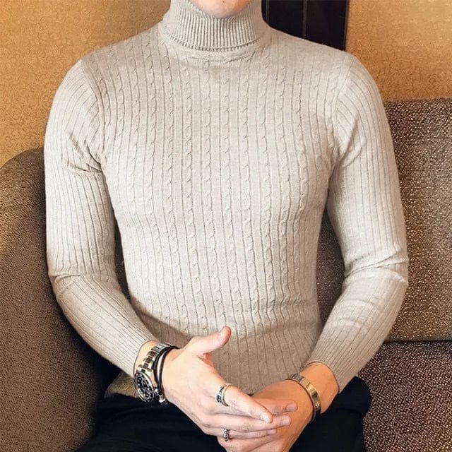 Showlu men's slim fit turtleneck sweater in warm knit, featuring a high neck and double collar for winter warmth.