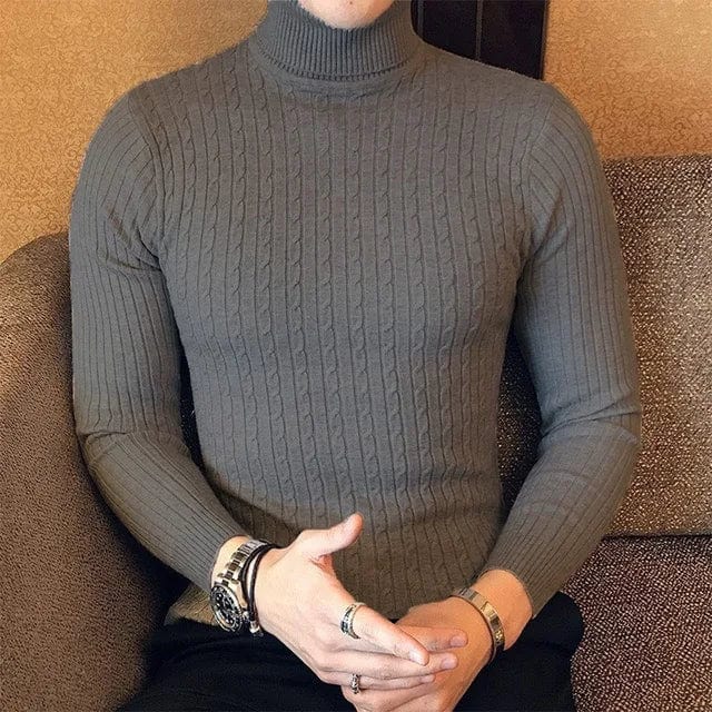 Showlu men's slim fit turtleneck sweater in warm knit with double collar, stylish winter pullover for men.
