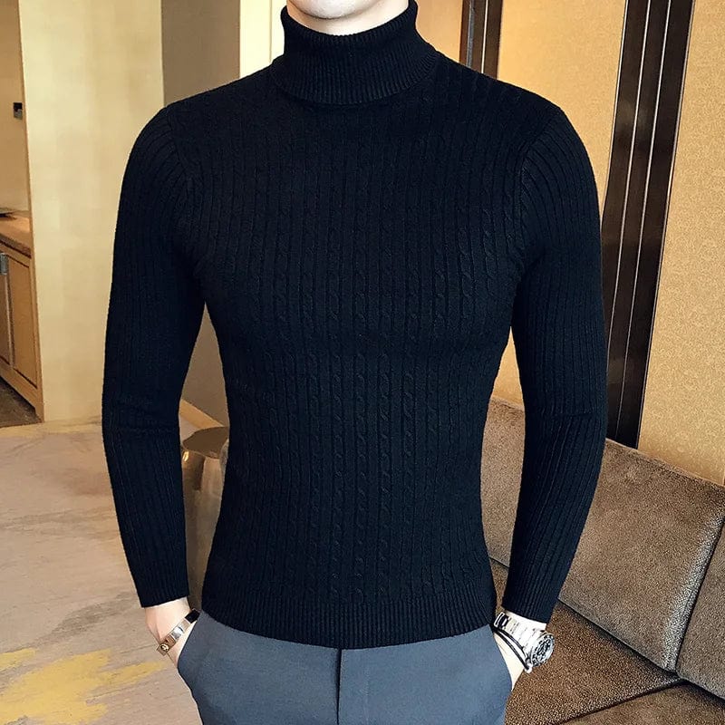 Showlu men's slim fit turtleneck sweater with a thick, warm knit, featuring a high neckline and double collar for winter wear