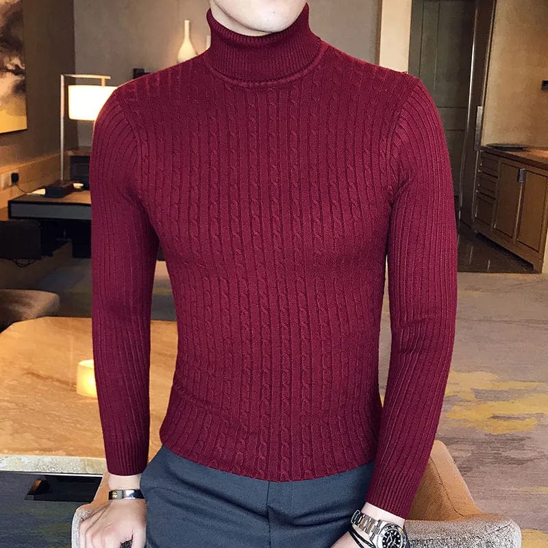 Men's slim fit turtleneck sweater by Showlu, warm knit pullover with a high neck and double collar, ideal for winter wear.