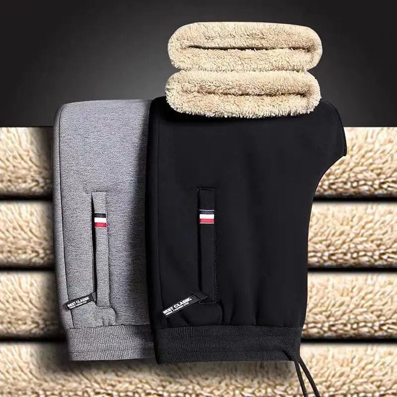Men's fleece joggers with lambswool for warmth, featuring a drawstring waist, straight fit, and casual harem style in solid color.