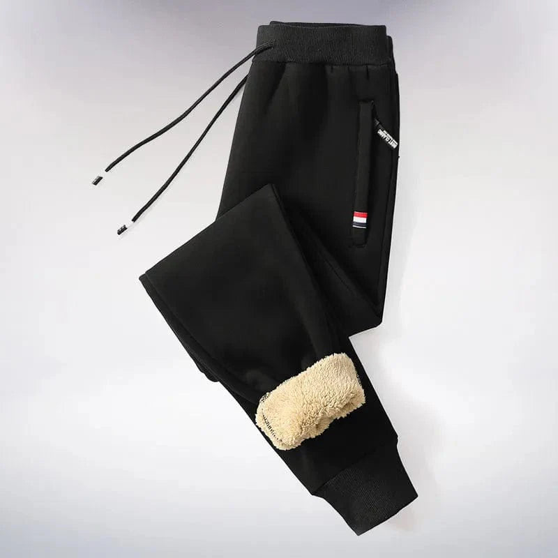 Men's winter fleece joggers with lambswool lining, casual harem sweatpants featuring drawstring waist and straight-leg fit.