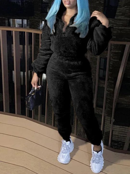 Shuangfuxiang women's plush two-piece set featuring a warm zipper pullover and elastic waist trousers, ideal for casual winter wear.