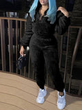 Shuangfuxiang women's plush two-piece set featuring a warm zipper pullover and elastic waist trousers, ideal for casual winter wear.