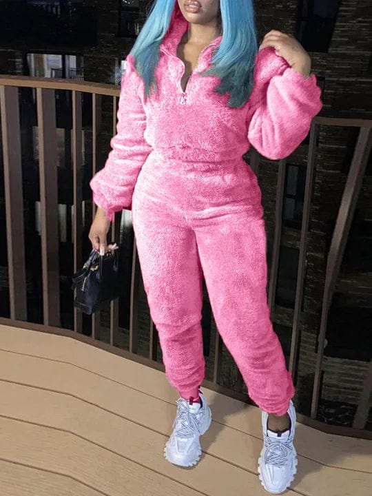Shuangfuxiang women's plush two-piece winter set with warm zipper pullover and elastic waist trousers for casual home wear.