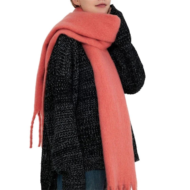 Luxury women's cashmere winter scarf with tassels, thick, warm, soft, solid color shawl for cold weather fashion.