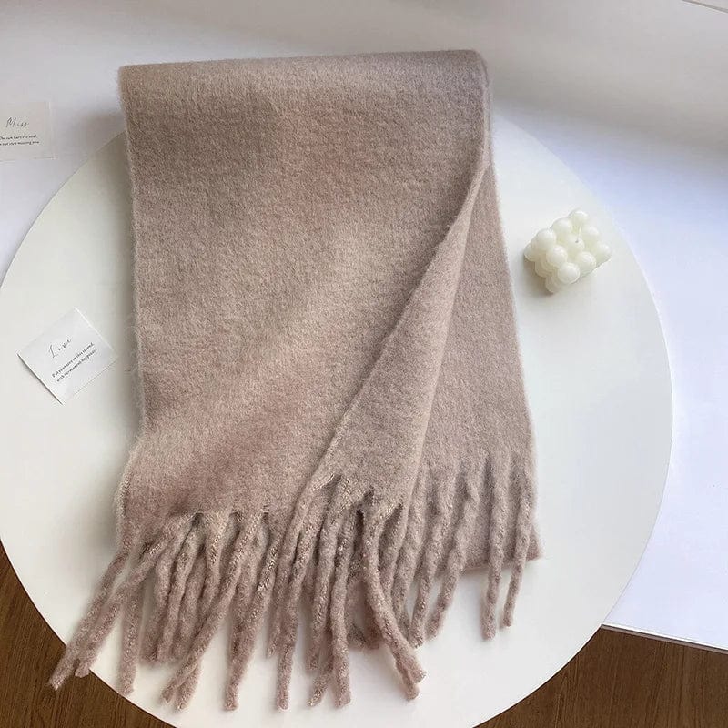 Luxury women's cashmere winter scarf with tassels, thick, warm, soft, and solid-colored shawl for cold weather.