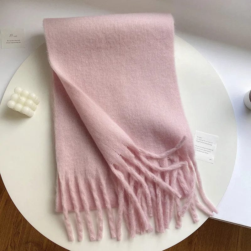 Luxury women's cashmere winter scarf with tassels, thick and warm shawl, soft and fluffy solid color for cold weather.