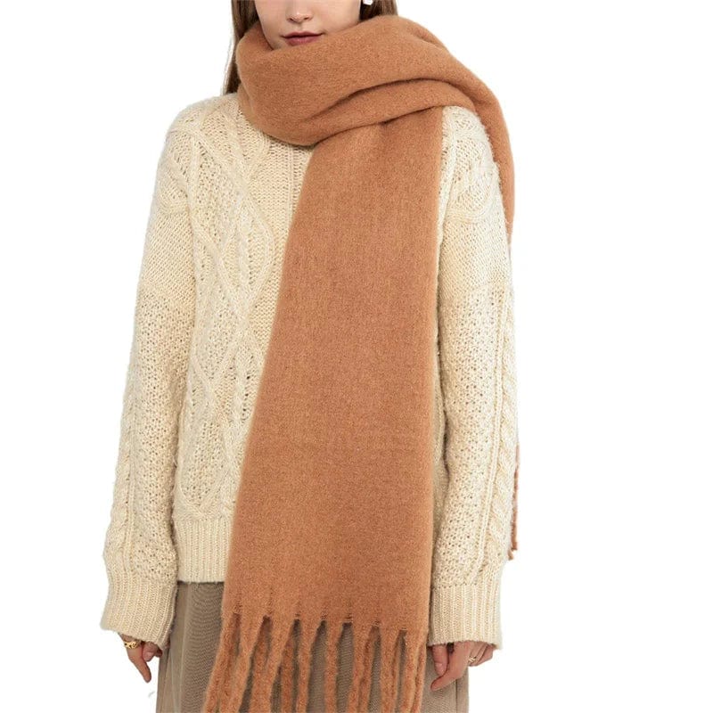 Luxury women's cashmere winter scarf with tassels, thick and warm, soft solid-color shawl for cold weather warmth and style.