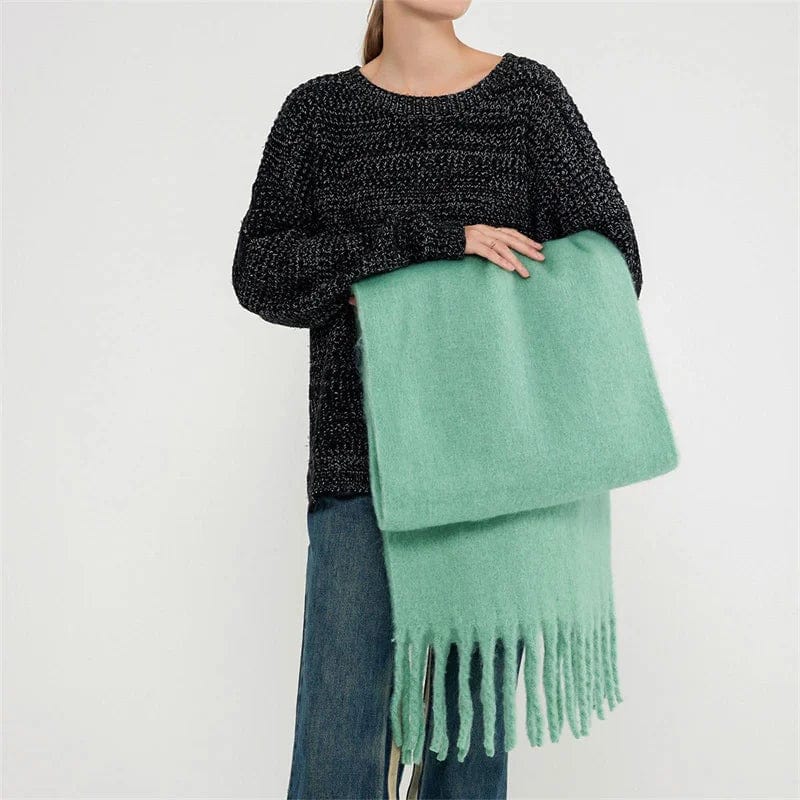 Luxury women's cashmere winter scarf with thick warmth, tassel edges, soft solid color shawl, ideal for cold weather.