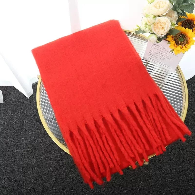 Luxury women's cashmere winter scarf with tassels, thick and warm, soft solid-color shawl for cold weather.