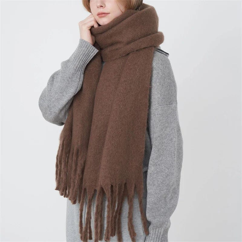 Luxury women's cashmere winter scarf with tassels, thick and soft, perfect for warmth and style in autumn and winter.
