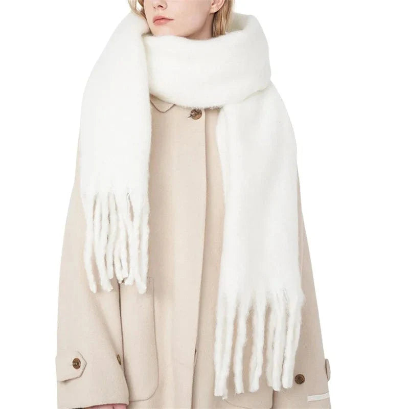 Luxury women's cashmere winter scarf with tassels, thick and warm shawl, soft solid color, perfect for autumn and winter.