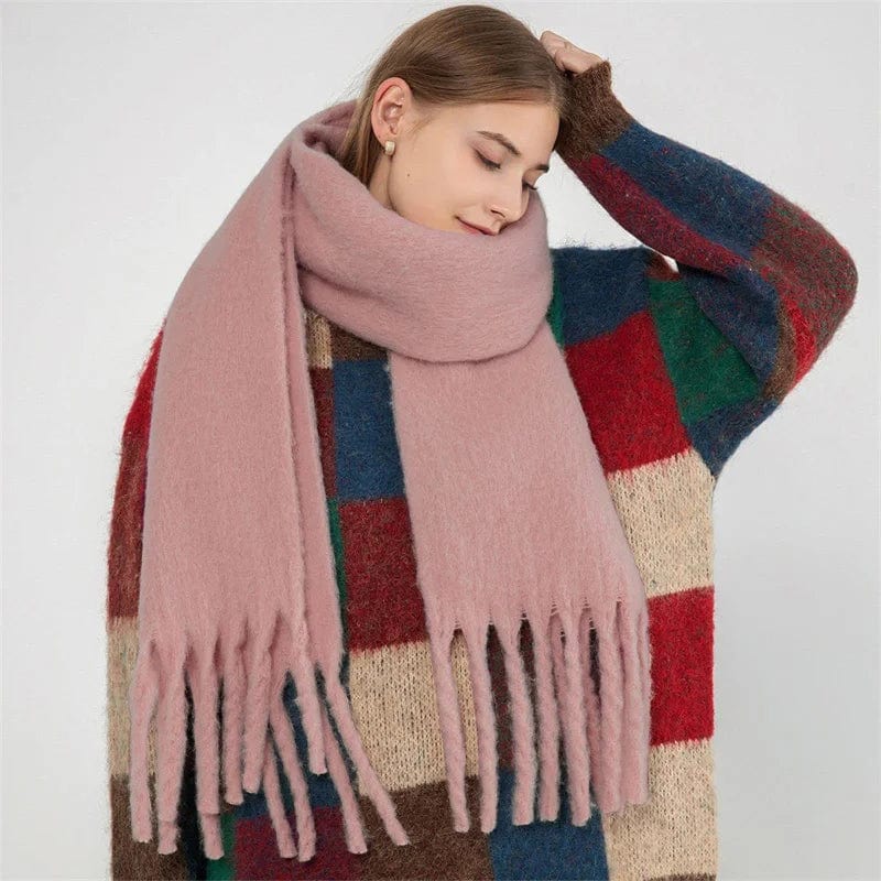 Luxury women's cashmere winter scarf with tassels, thick and warm shawl in soft, solid color, perfect for cold weather.