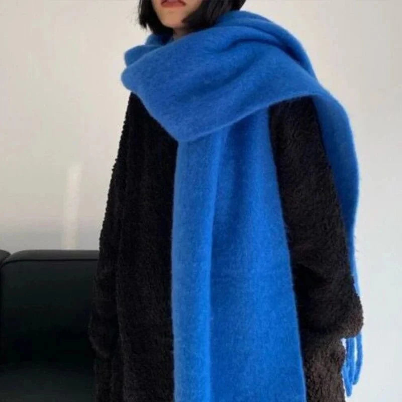 Luxury women's cashmere winter scarf with tassels, thick and warm, soft solid-color shawl for autumn and winter warmth.