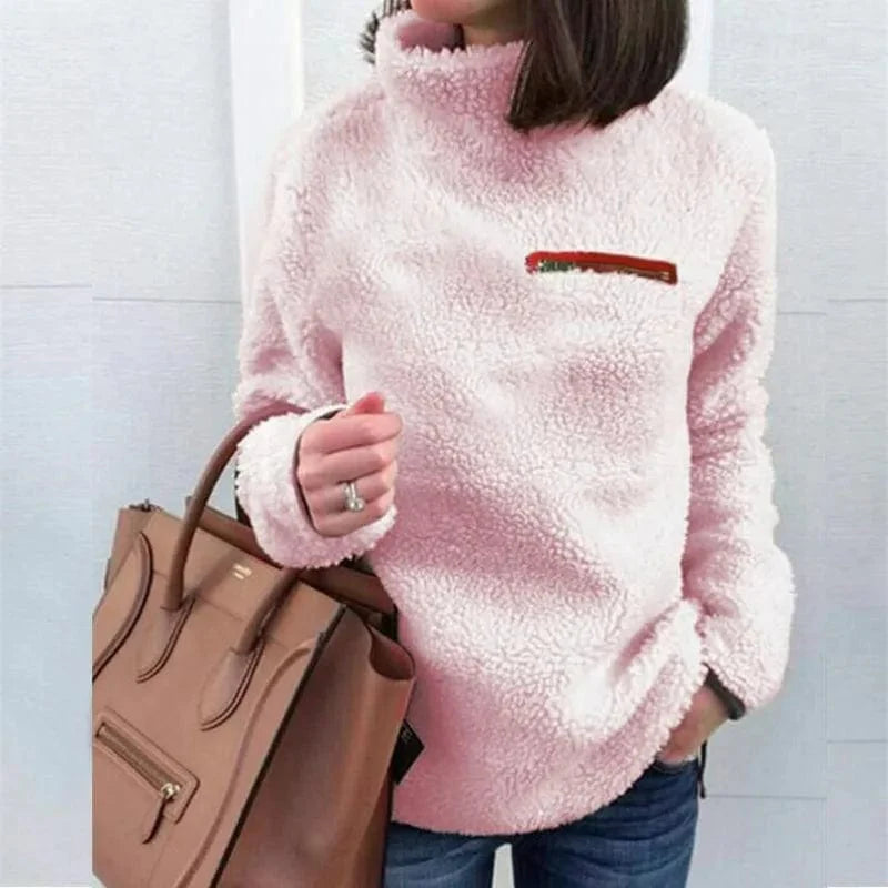 Showlu Fashion women's slim fit turtleneck zipper pullover sweater in solid color, featuring a cozy, stylish winter design.