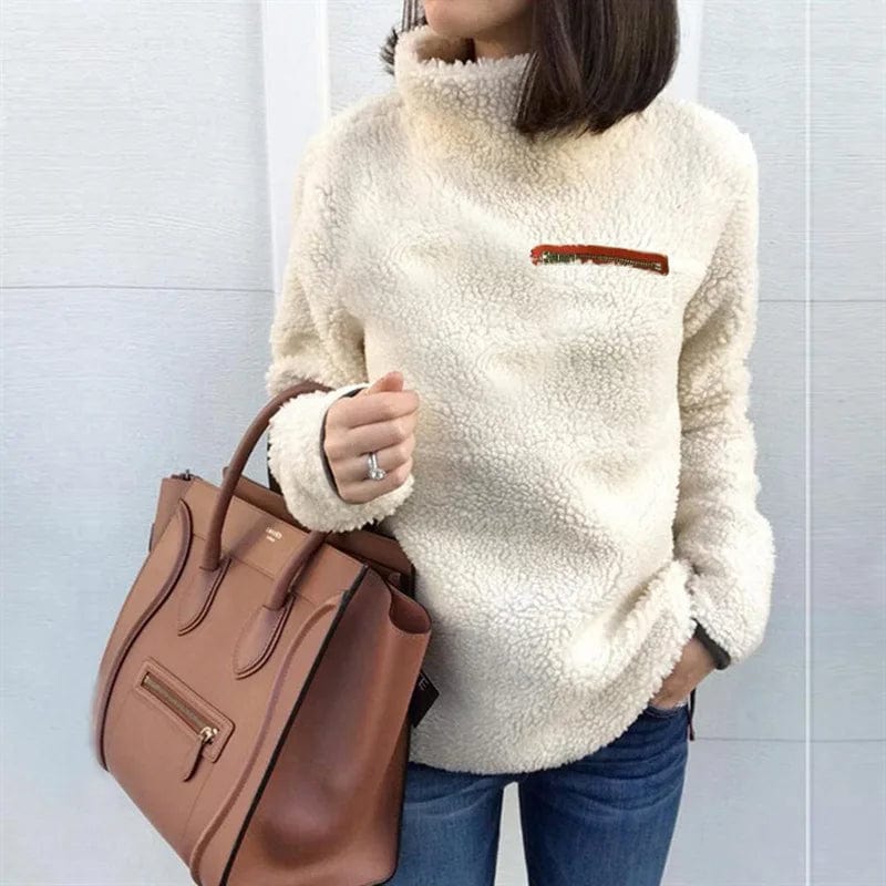 Showlu Fashion women's slim fit turtleneck zipper pullover sweater in solid color, winter-friendly and stylish for casual wear.