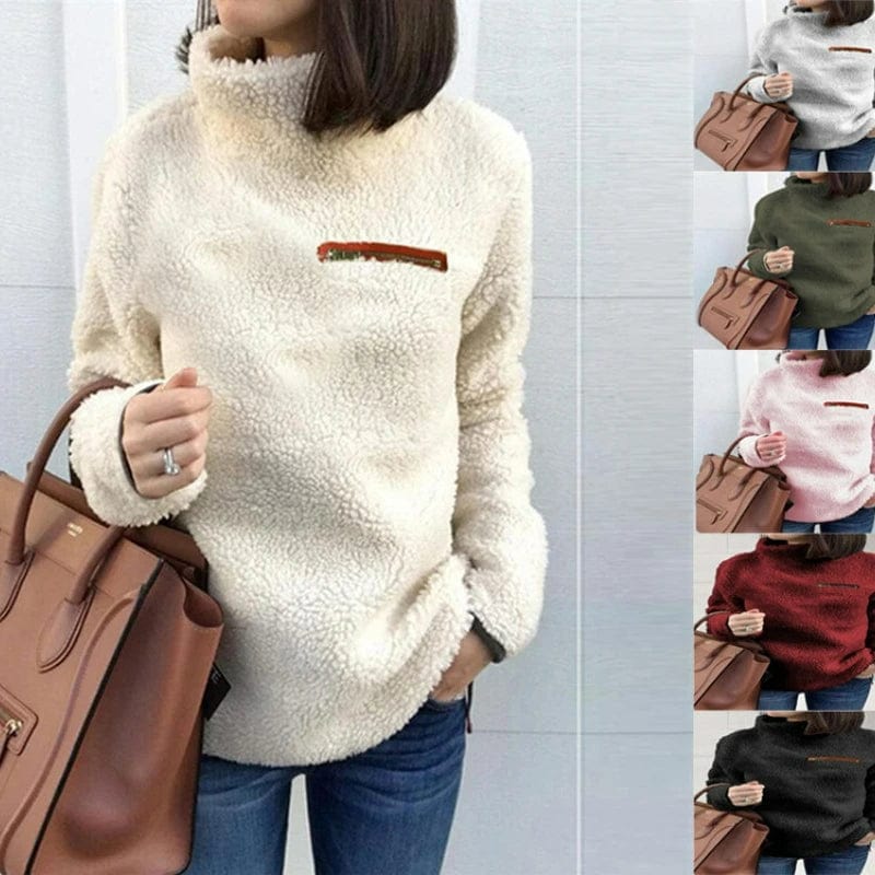 Showlu Fashion women's slim fit turtleneck zipper pullover sweater in a solid color, perfect for winter warmth and casual style.