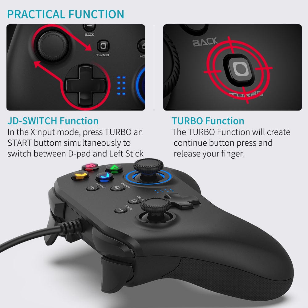 Doba wired gaming controller with dual-vibration for PC, PS3, Android, featuring ergonomic joystick and responsive buttons.