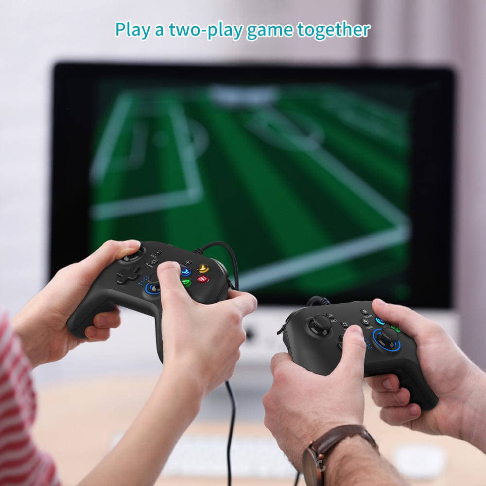 Doba wired gaming controller with dual vibration, compatible with PC, PS3, Android, and other devices, featuring ergonomic joystick design.