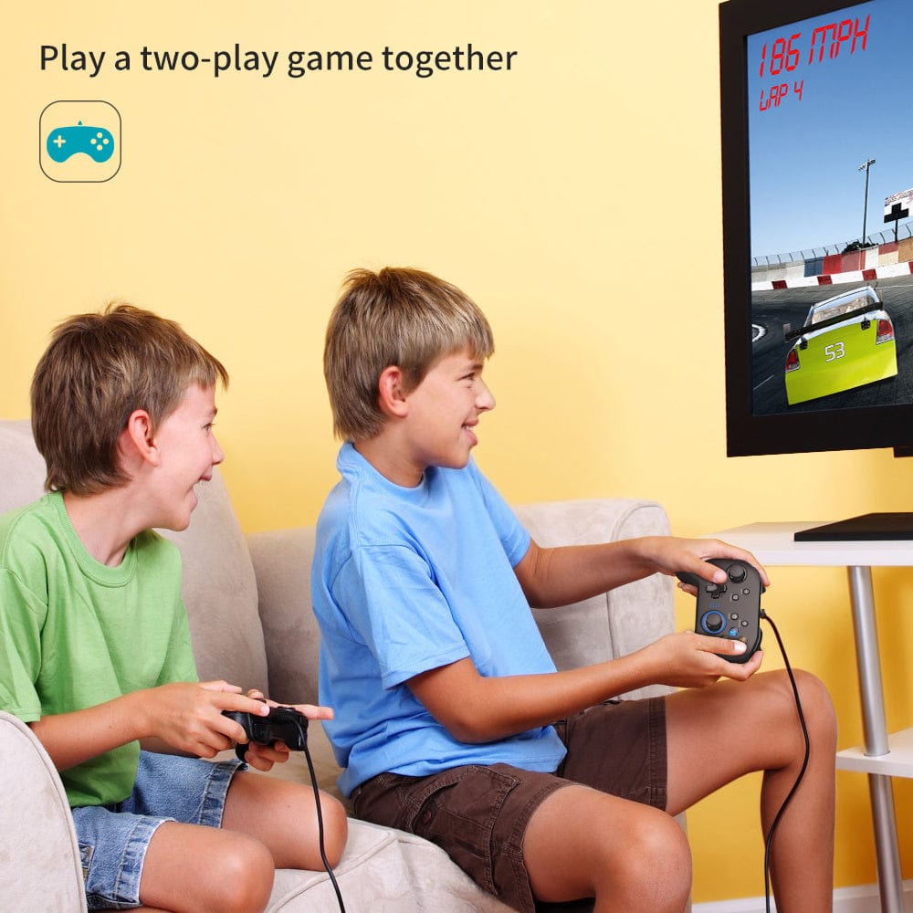 Doba wired gaming controller with dual vibration, compatible with PC, PS3, Android, and Windows devices, showing joystick and buttons.